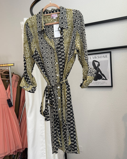 Robe chemise coton noire beige motifs ethniques