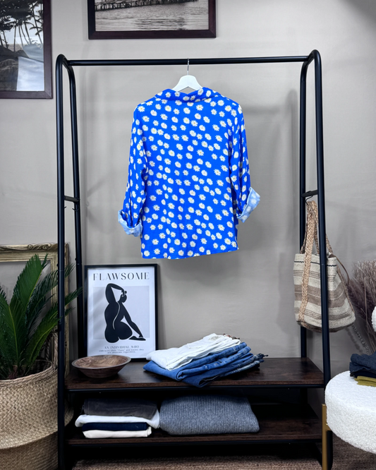 Chemise gaze de coton bleu Roy imprimé marguerites