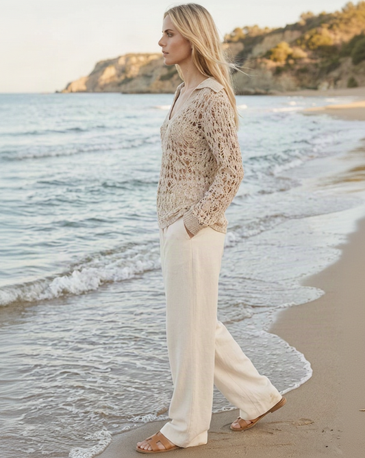 Pull polo crochet coton bio manches longues sable - Tenné