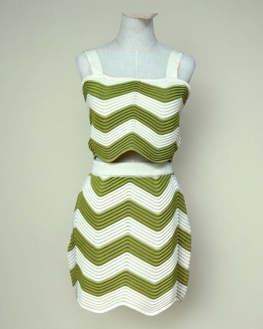 Top bandeau court en maille côtelée crème et vert