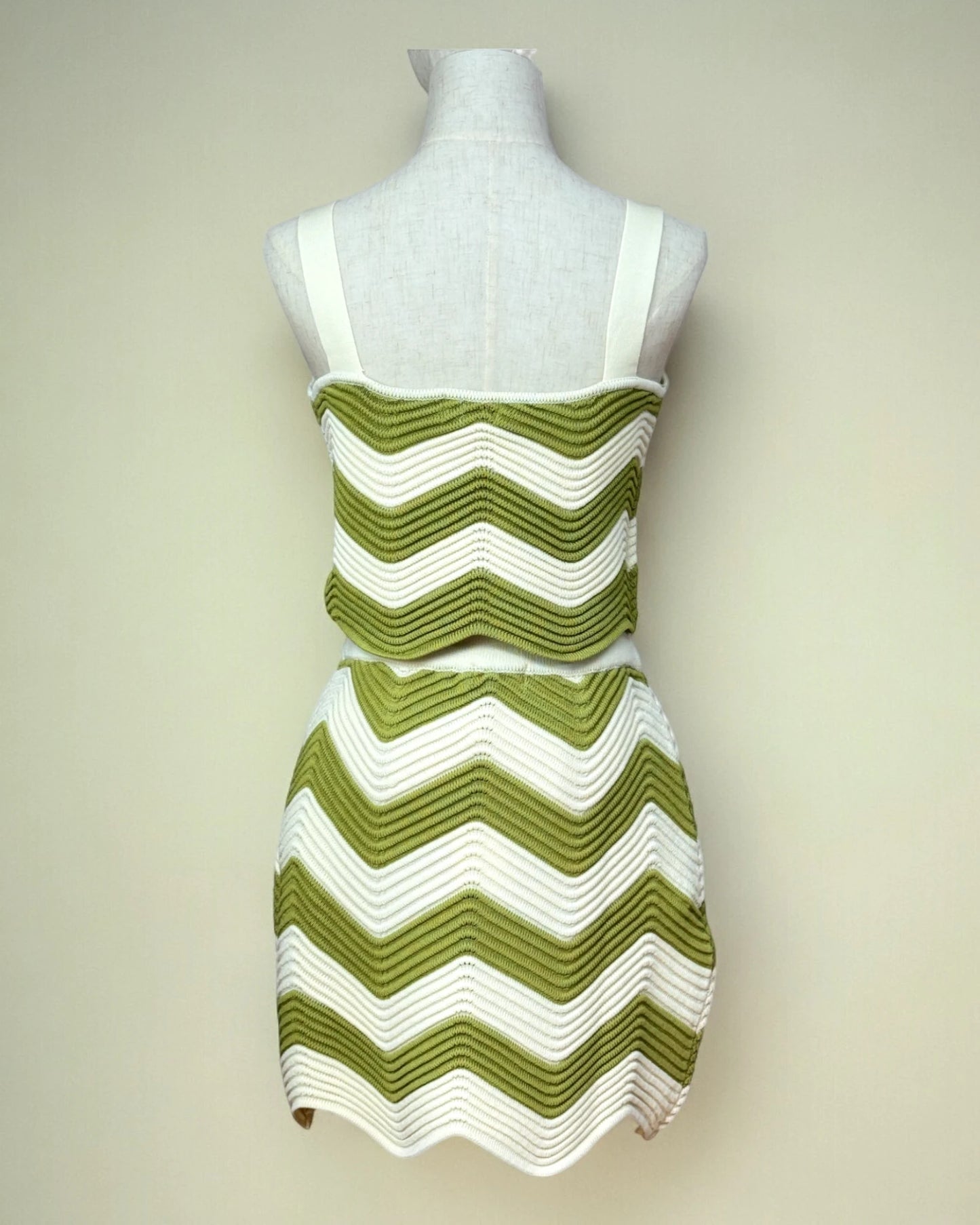 Ensemble mailles chevrons côtelé vert blanc dos Cocoloca1965