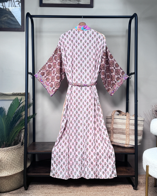 Robe Kimono longue soie Mosaïque pastel