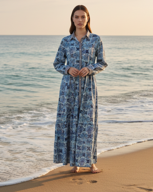 Maxi Robe Chemise Bohème en Coton anémone Bleue