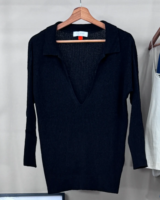 Pull polo en maille à manches longues noir - Tenné