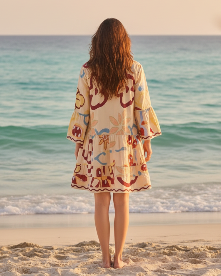 Robe Courte Beige en Coton – Motifs grosses fleurs Batik – Taille Unique