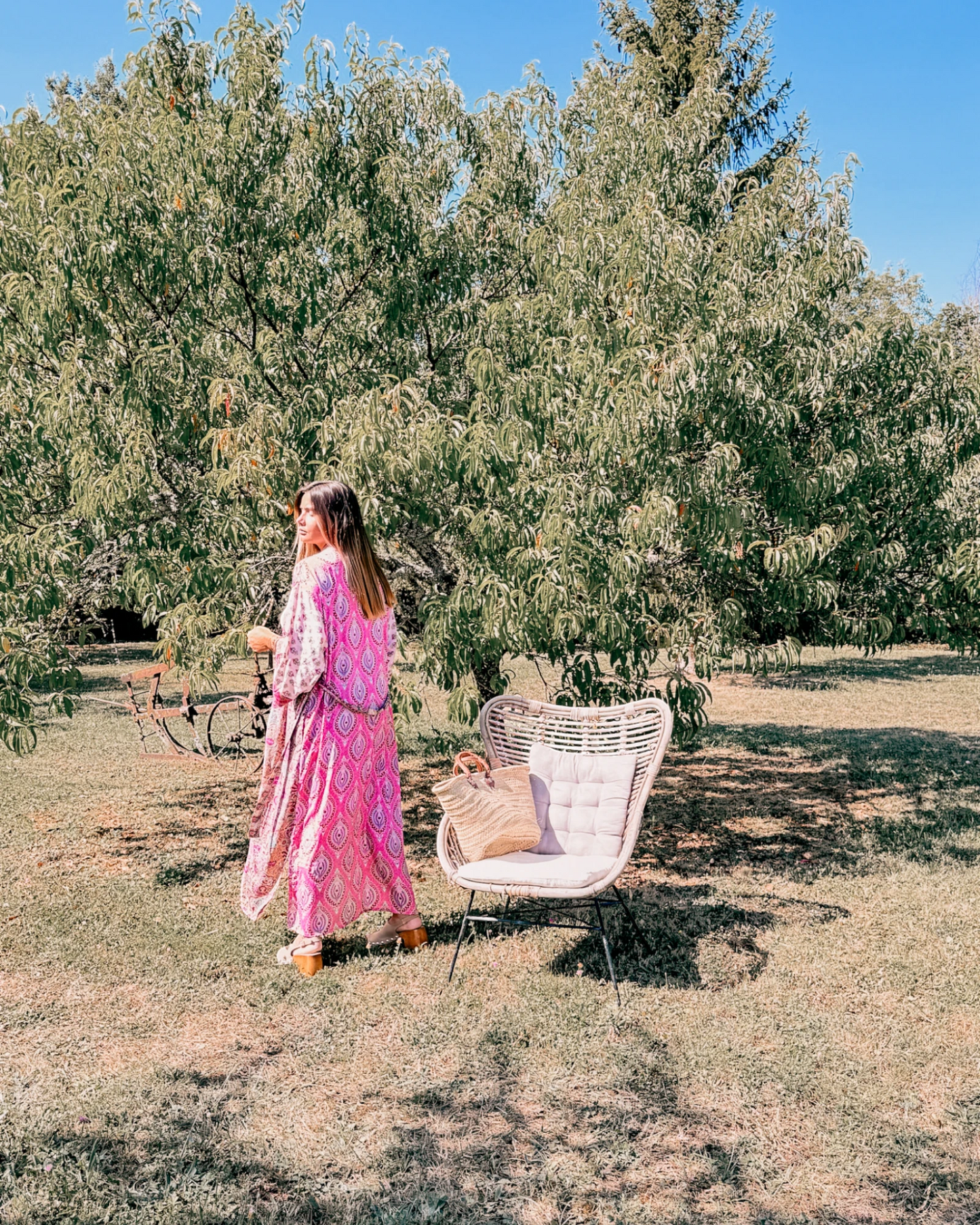 Robe Kimono longue soie Rose Macchiato