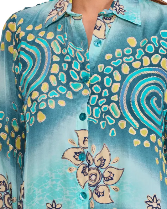Robe Longue Chemise en Soie floraux aquatique bleu & doré – Taille Unique zoom