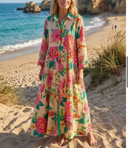 Robe chemise bohème brodée à manches longues colorée