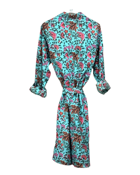 Robe chemise coton bleue motifs floraux