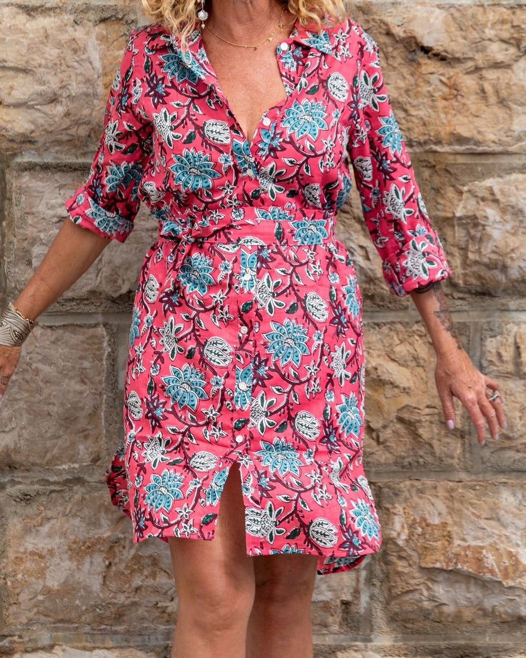 Robe chemise coton rose motifs floraux