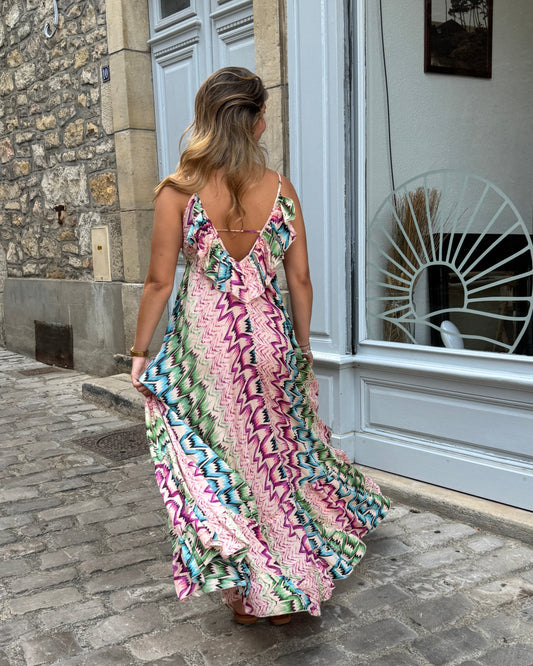 Robe longue bohème imprimés POP TU dos rue
