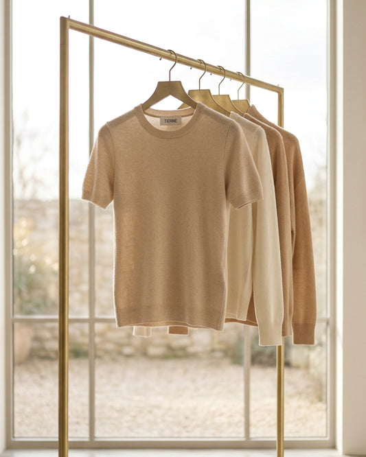 T-shirt maille cachemire manches courtes beige clair