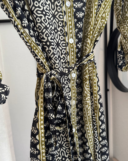 Robe chemise coton noire beige motifs ethniques