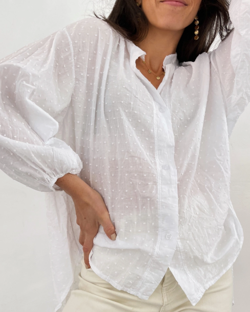 Blouse oversize en plumetis blanc à col mao "Julia"