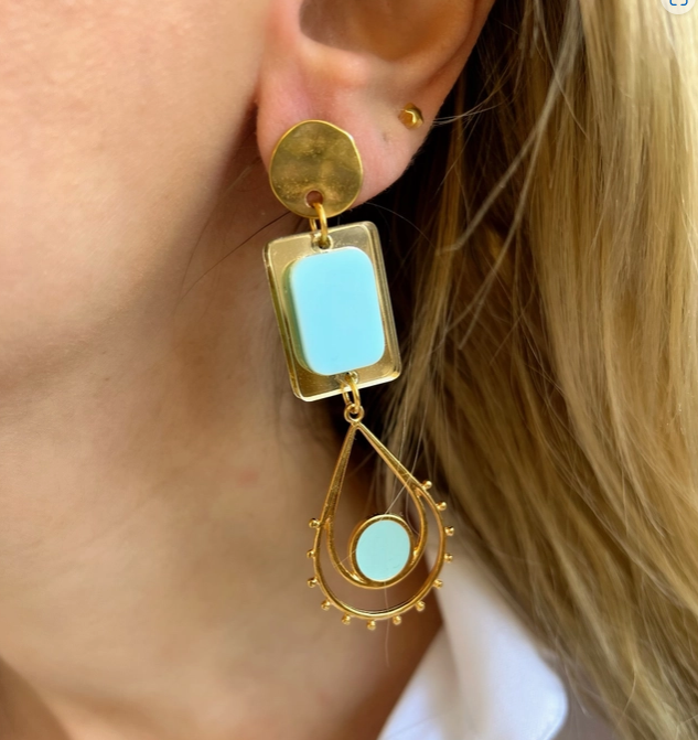 Boucles d'oreilles longues or et émail turquoise