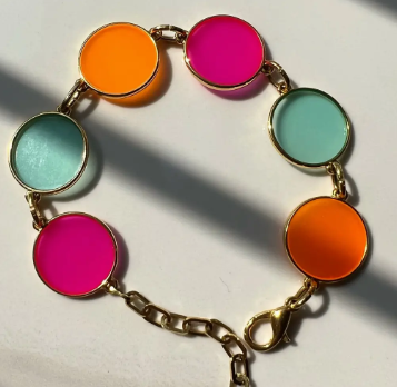 Bracelet disque émaillé Rose orange ciel en acier inoxydable couleur or