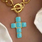 Collier or gros maillon Croix turquoise