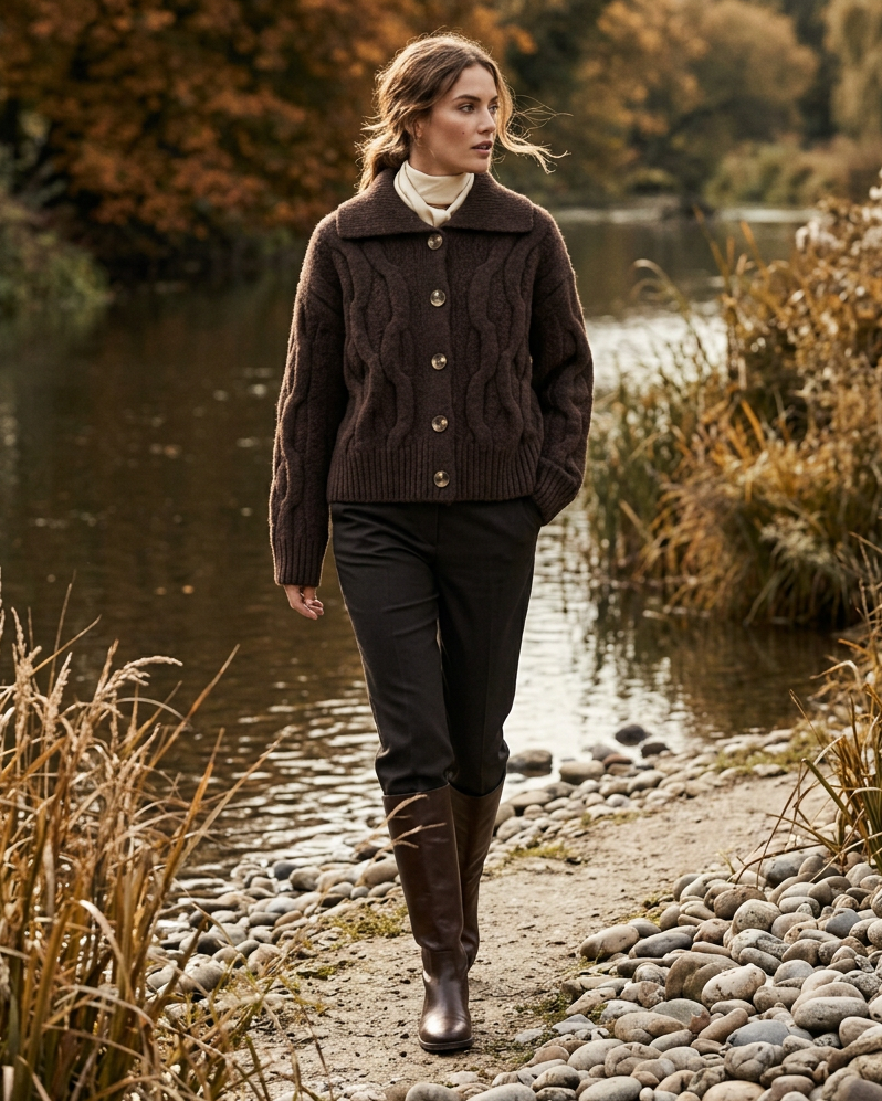 Gilet col polo en maille Torsadée Écru, Biscuit et Moka Vazelia T M/L– An'ge