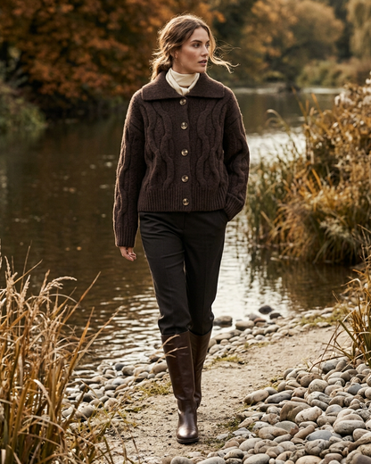 Gilet col polo en maille Torsadée Écru, Biscuit et Moka Vazelia T M/L– An'ge