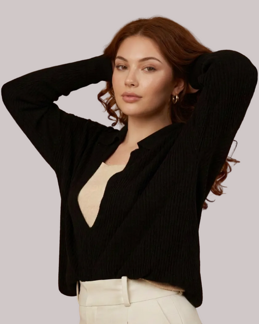 Pull polo en maille à manches longues noir - Tenné