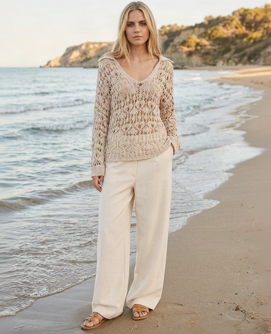 Pull polo crochet coton bio manches longues sable - Tenné