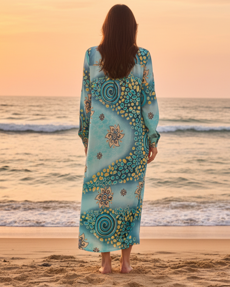 Robe Longue Chemise en Soie floraux aquatique bleu & doré – Taille Unique
