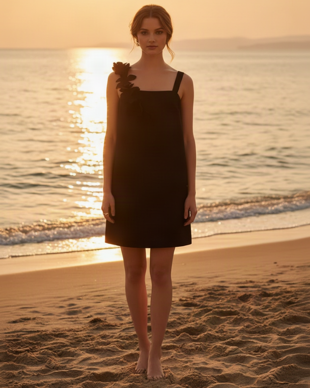 Robe WILD PONY courte bretelles avec détails floraux noirs