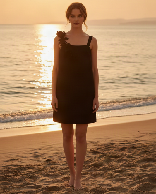 Robe WILD PONY courte bretelles avec détails floraux noirs