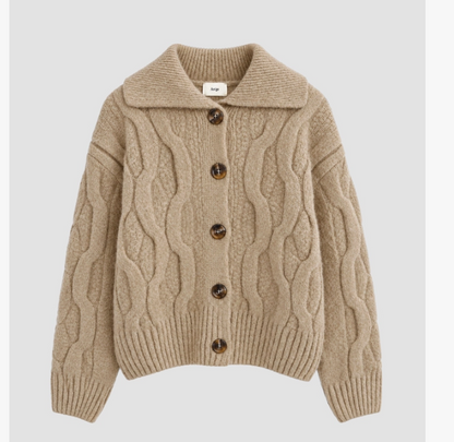 Gilet col polo en maille Torsadée Écru, Biscuit et Moka Vazelia T M/L– An'ge