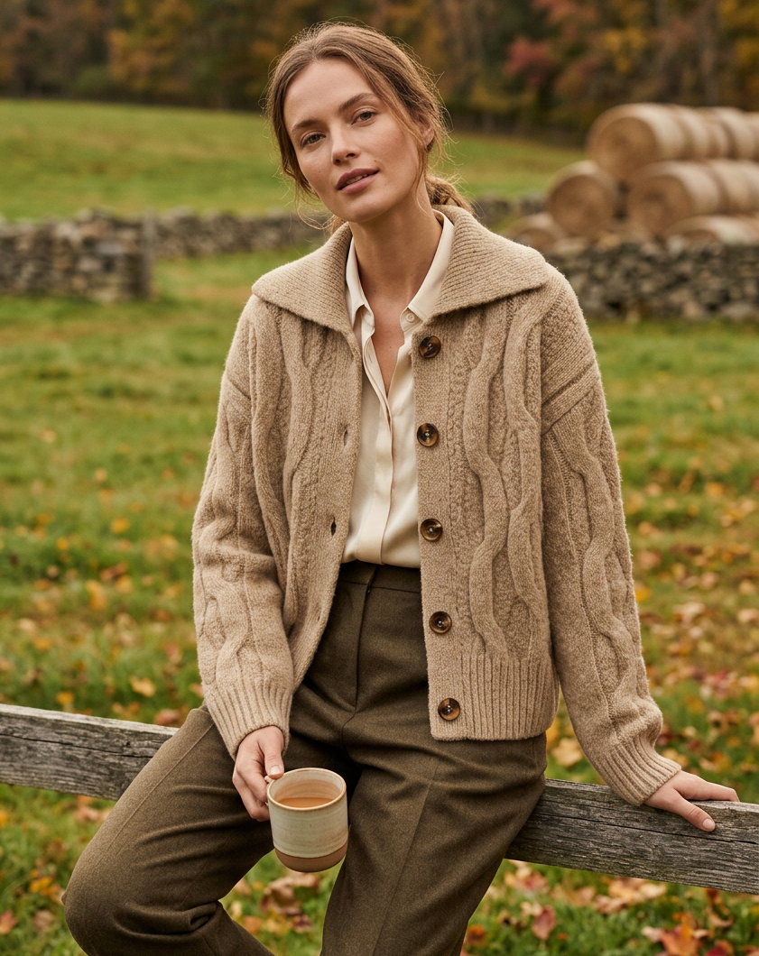 Gilet col polo en maille Torsadée Écru, Biscuit et Moka Vazelia T M/L– An'ge