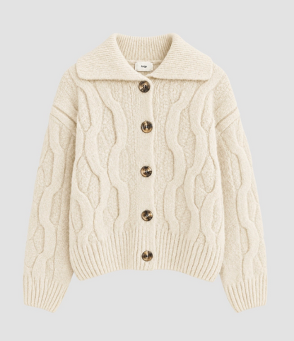 Gilet col polo en maille Torsadée Écru, Biscuit et Moka Vazelia T M/L– An'ge