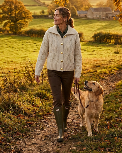Gilet col polo en maille Torsadée Écru, Biscuit et Moka Vazelia T M/L– An'ge