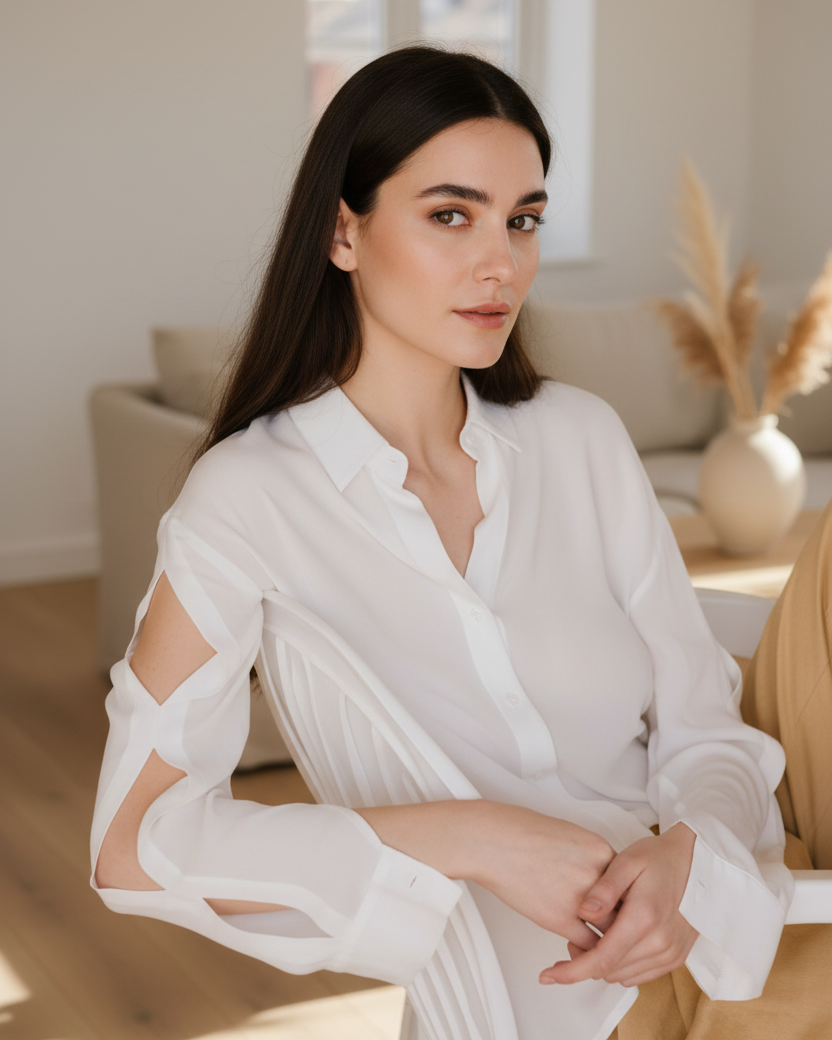 Chemise COTTYFISH blanche fluide viscose avec boutons en nacre et détails aux manches 