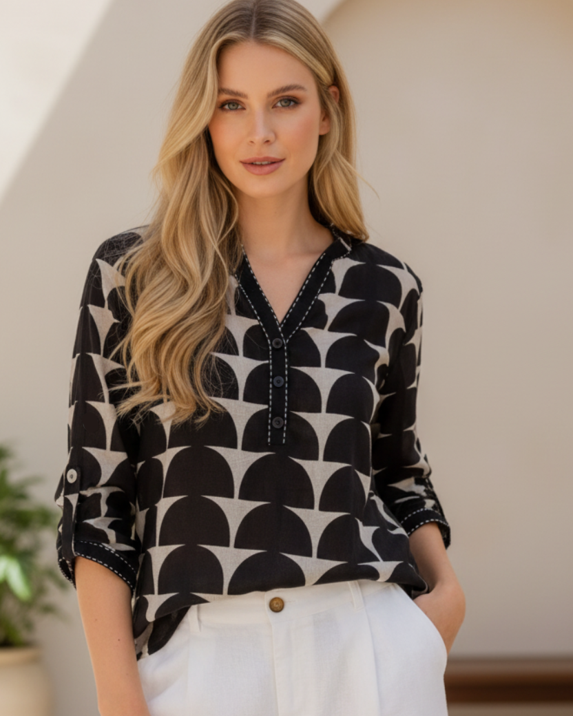 Chemise à motifs graphiques manches longues noir &amp; blanc TU