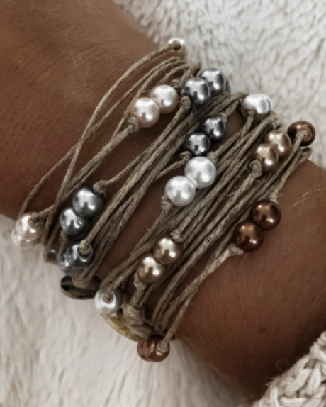 Bracelet DOUBLE PERLES en lin et perles made in France