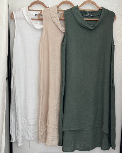 Robe en lin divers coloris évasée asymétrique col bénitier TU