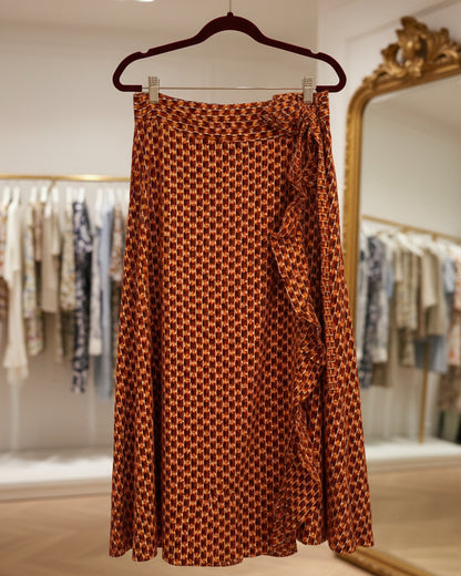 Jupe portefeuille Saia motifs graphique rouge&orange à volants- Taille unique du S au L