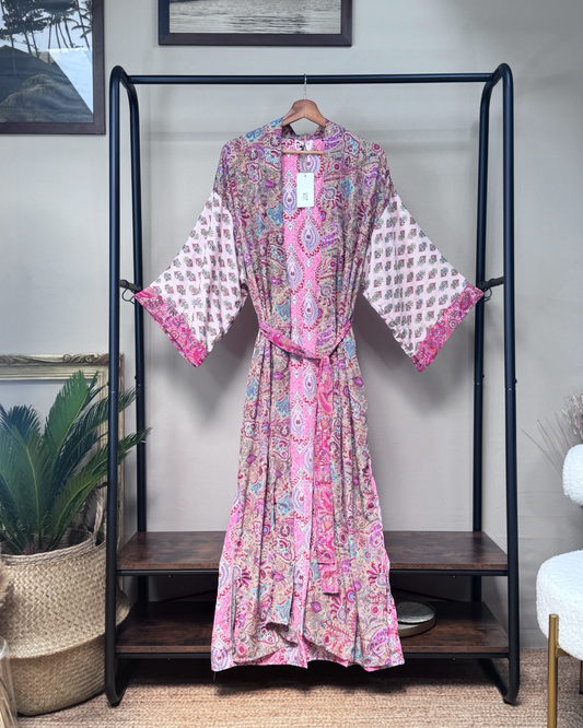 Robe Kimono longue soie Rose Macchiato nuances