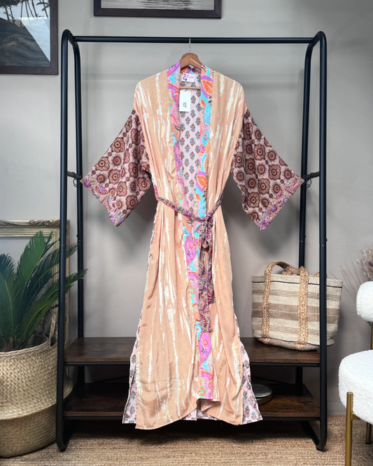 Robe Kimono longue soie Mosaïque pastel