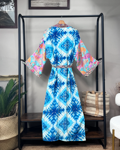 Robe Kimono longue soie Losanges d'Azur