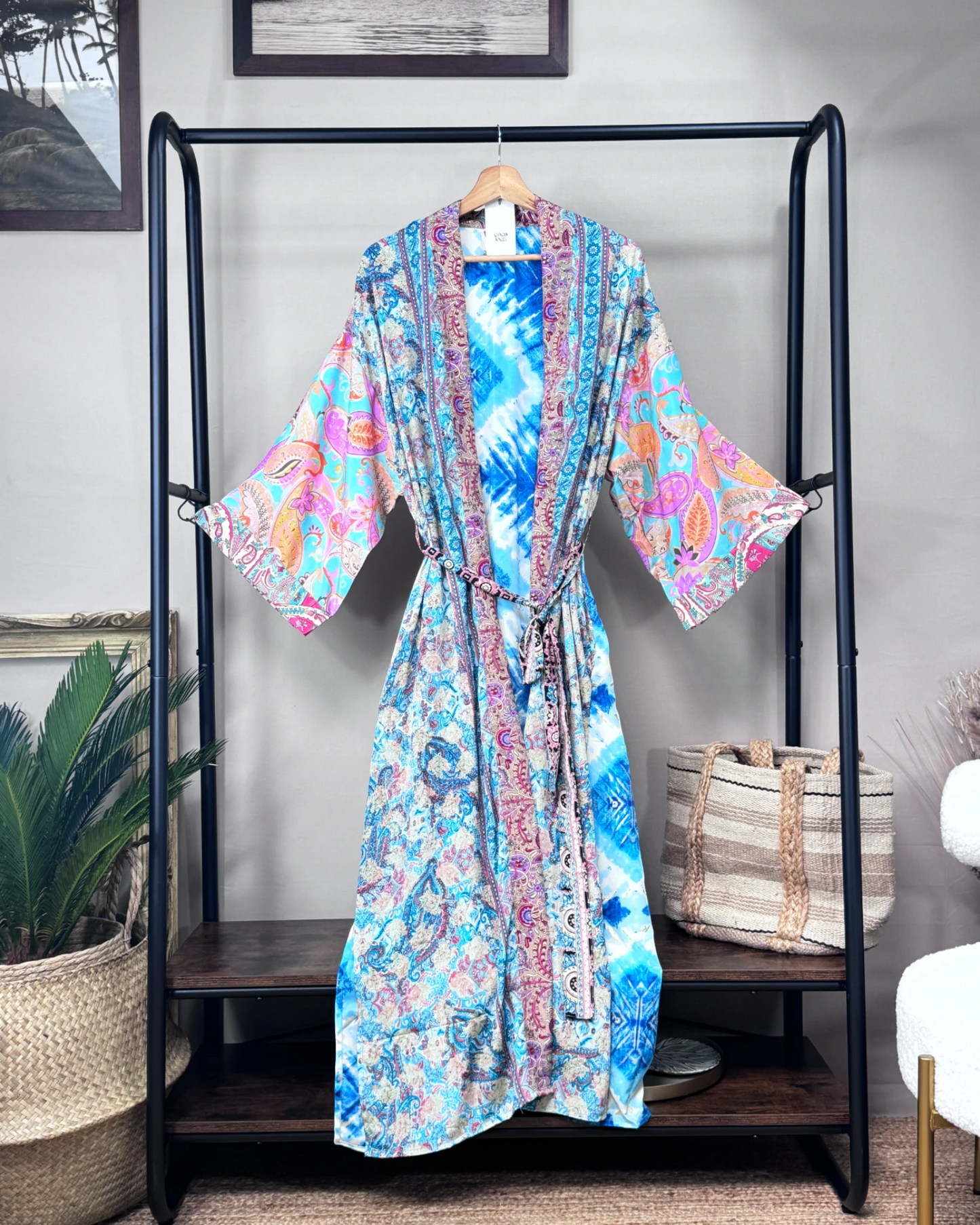 Robe Kimono longue soie Losanges d'Azur