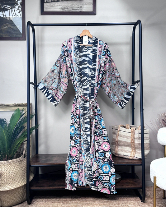 Robe Kimono longue soie Noir Safari