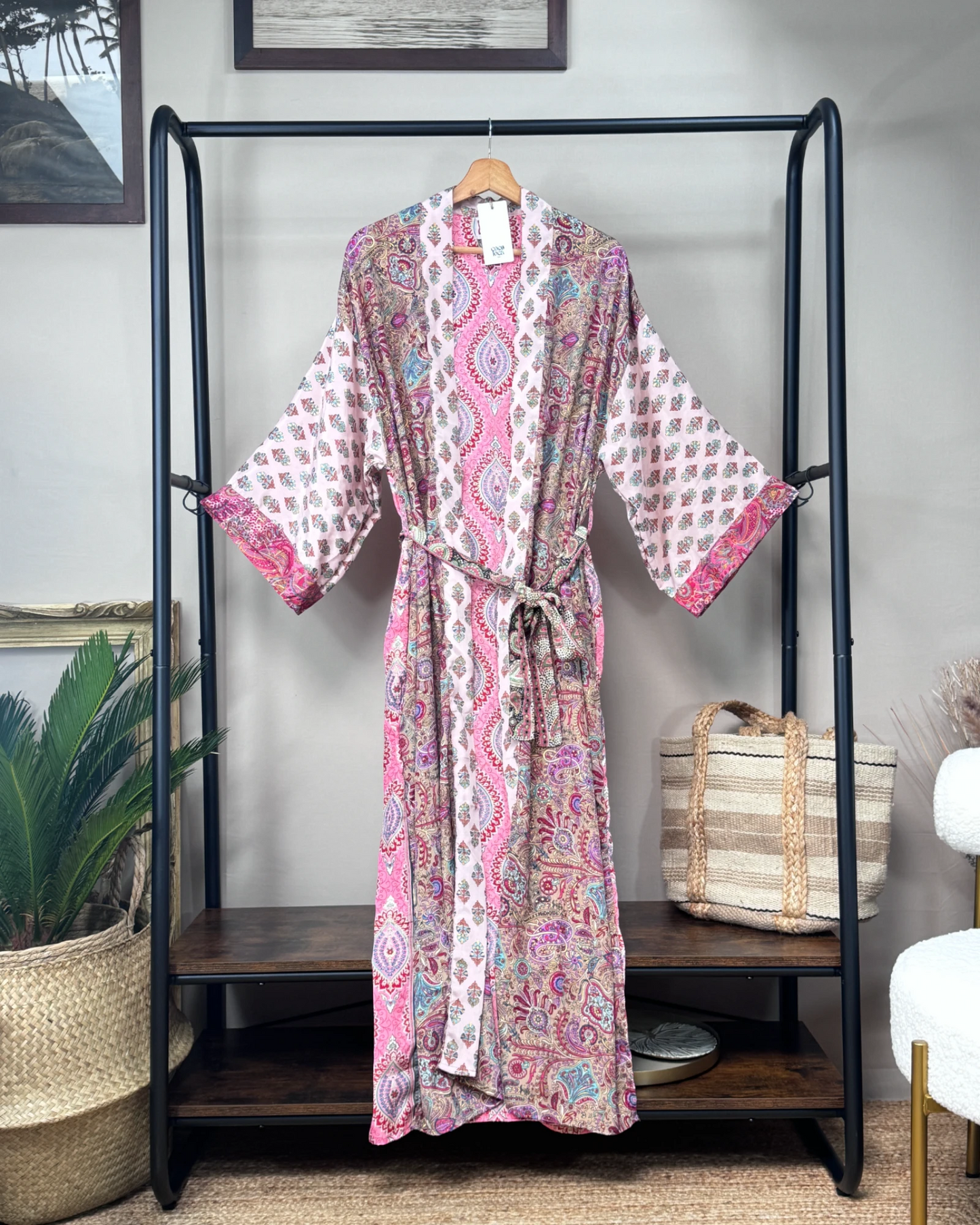 Robe Kimono longue soie Rose Macchiato