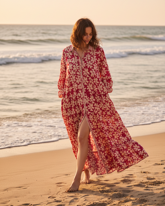 Maxi Robe Bohème en Coton – Fleurs Fushia TU