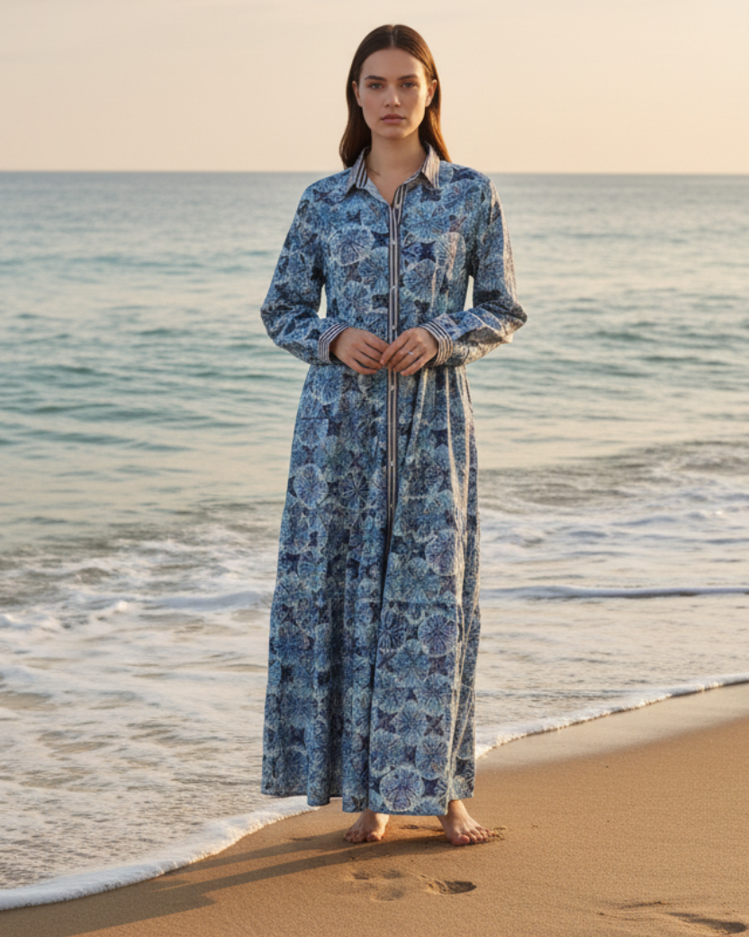 Maxi Robe Chemise Bohème en Coton anémone Bleue