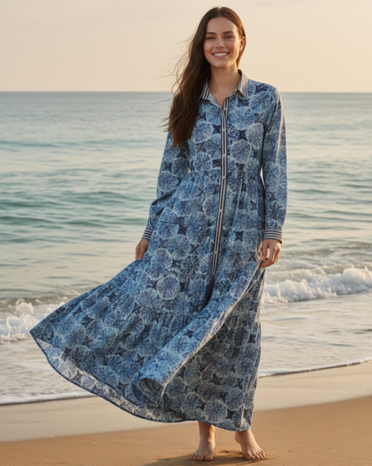 Maxi Robe Chemise Bohème en Coton anémone Bleue TU