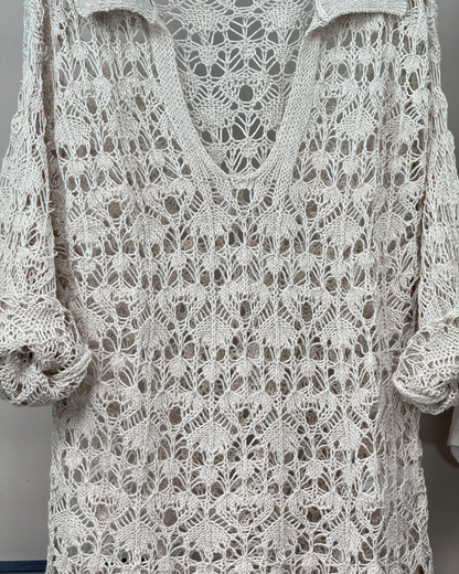 Pull polo crochet coton bio manches longues sable