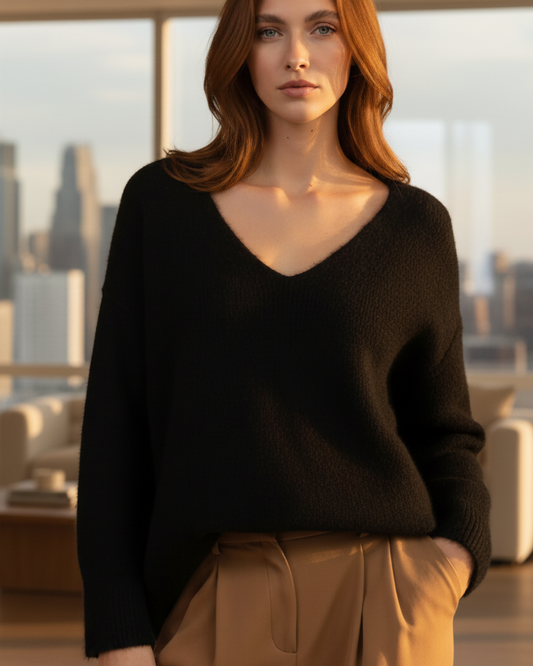 Pull  Livya manches longue col V oversize TU noir porté