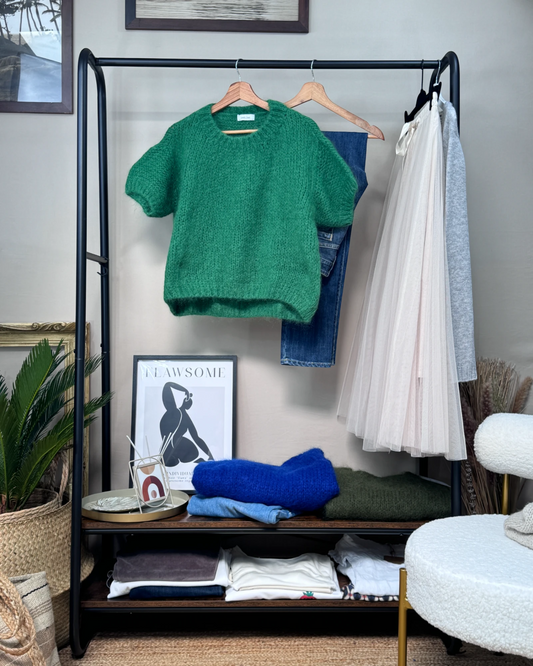 Pull en kid mohair 40% manches courtes vert foncé