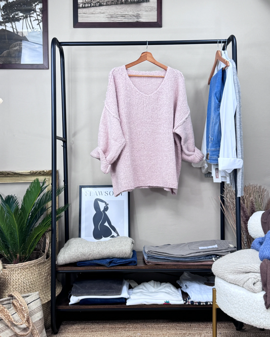 Pull oversize maille col en V rose poudre TU